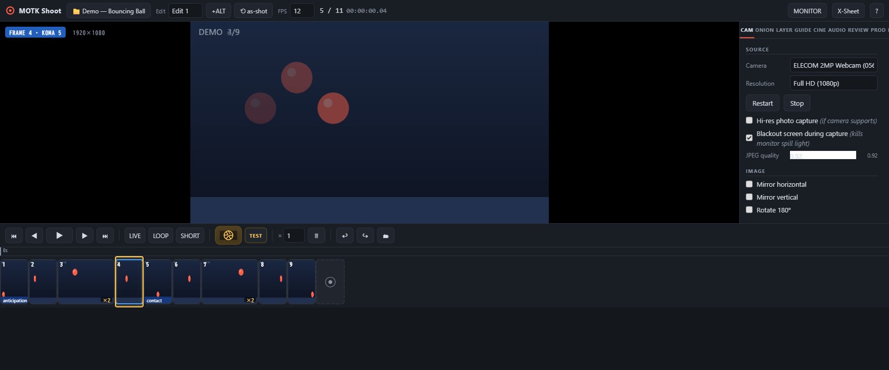 MOTK Shoot capture workspace with demo animation frames